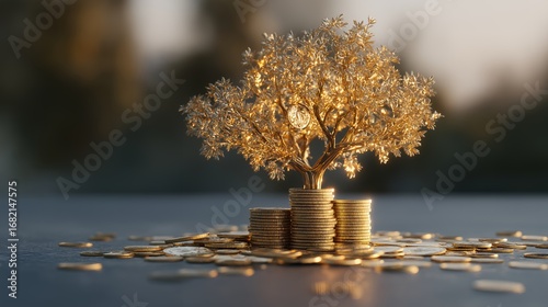 Golden tree growing from a stack of coins, representing wealth and success