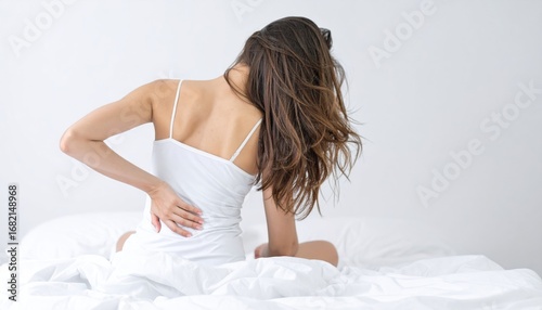 A woman in a white tank top sits on a white bed with her back to the viewer, clutching her lower back as if in pain, against a plain background
