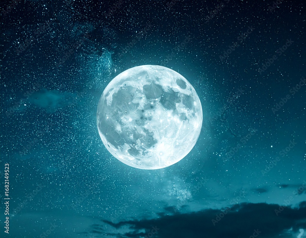 Naklejka premium Teal Night Sky with Full Moon and Stars – Dreamy Celestial Background