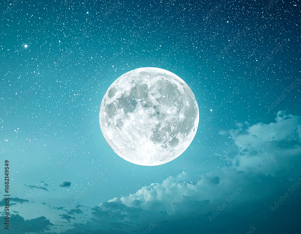 Fototapeta premium Teal Night Sky with Full Moon and Stars – Dreamy Celestial Background