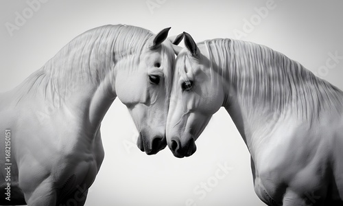 Two White Horses Nuzzling, Close-Up Black and White Portrait