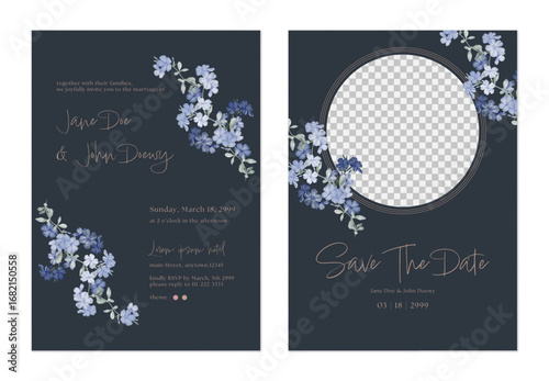 Wedding invitation and save the date template set with a minimalist design and soft, watercolor illustrations of Cape leadwort wreath on a dark, navy blue background