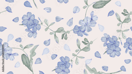 Floral seamless pattern features clusters of watercolor illustrations of Cape leadwort flowers and grayish-green leaves with individual petals scattered across a soft pink background