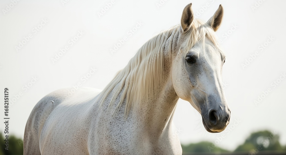 Fototapeta premium White Horse Portrait, Equestrian Photography, Animal Image, Equine Beauty, Elegant Horse, Farm Animal, Mammal, Nature, Wildlife, Light Grey Horse, Blond Mane, Horse Headshot,