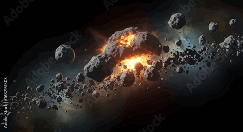 Asteroid collision with fiery explosion in space, scattering debris field