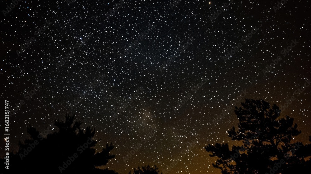 Obraz premium Starry Night Sky with Tree Silhouettes and Glimmering Galaxies in Dark Outdoor Setting