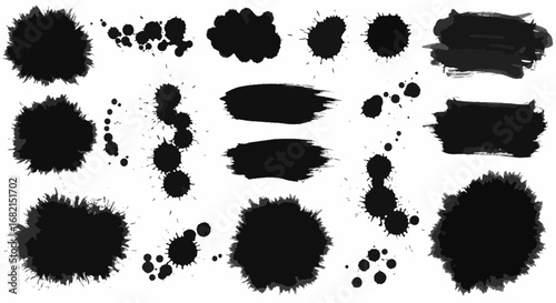Elegant assortment of ink blotches, strokes, and spatter elements for artistic design