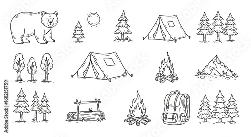 Hand-drawn outdoor camping elements illustrating adventure in the wilderness and nature