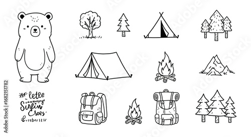 Cute camping doodle set with bear tent backpack bonfire and trees illustration