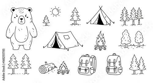 Hand-drawn camping and outdoor adventure elements featuring bear, tents, and trees