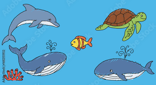 Cartoon illustration showcasing marine life with dolphin whale turtle and fish