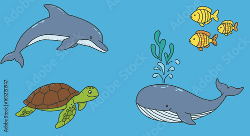 Charming marine life cartoon illustration showcasing dolphin, whale, turtle, and fish