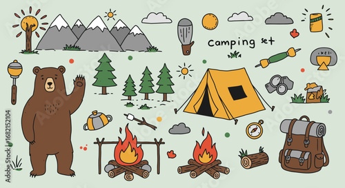 Charming hand-drawn illustration of a camping set with a friendly bear in nature