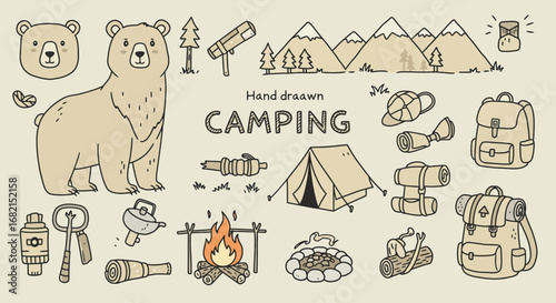 Charming hand-drawn camping illustration perfect for outdoor themed designs and projects
