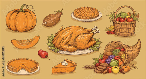 Illustration of a Thanksgiving harvest feast with turkey pumpkin and fruits