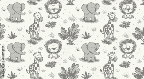 Seamless Hand-Drawn African Animals Pattern Design Featuring Lions Elephants and Giraffes
