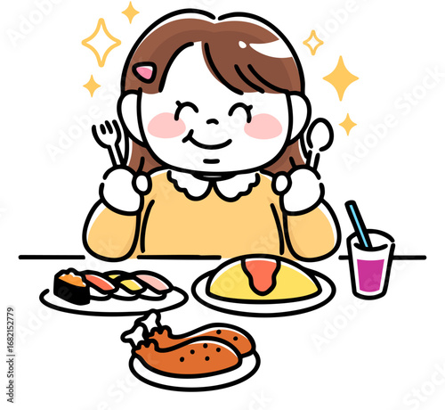 美味しそうにご馳走を食べる肥満体型の女の子