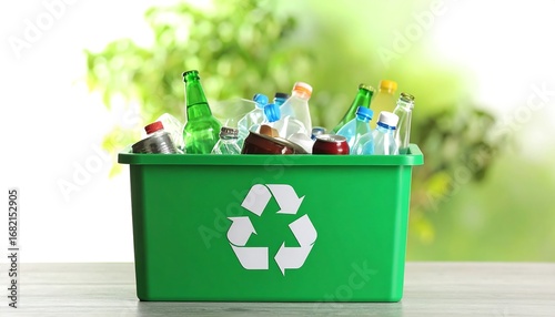 Green recycling bin filled with various plastic and glass bottles and cans