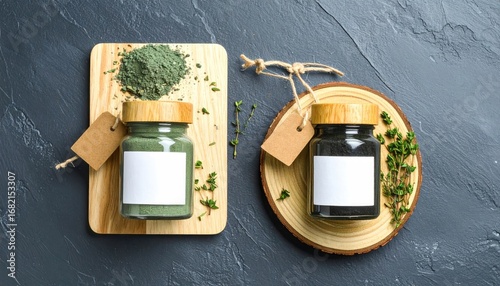 Two jars with blank labels sit atop wood cuts on a textured gray surface, surrounded by herbs. A rustic and clean aesthetic is showcased