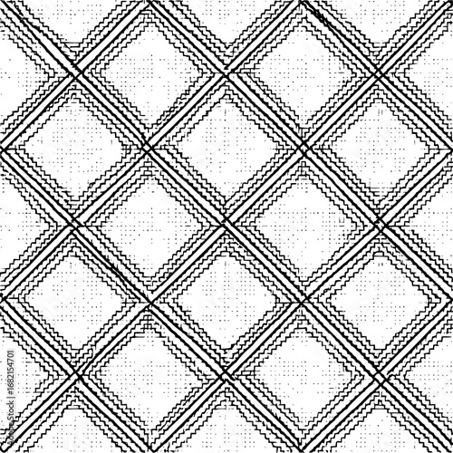Repeating pattern of tilted squares with zigzag edges and parallel lines forming a grid like structure