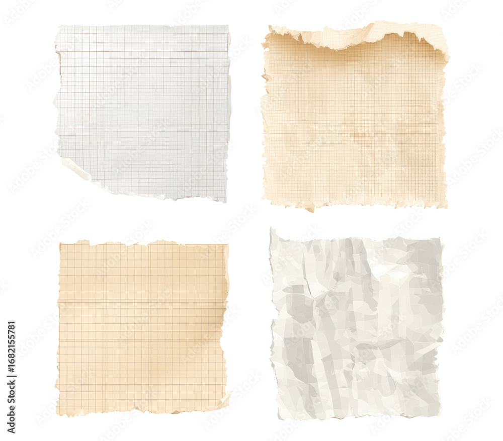 Obraz premium Four square torn pieces of paper. Two are gridded, two are plain. All show signs of age and wear