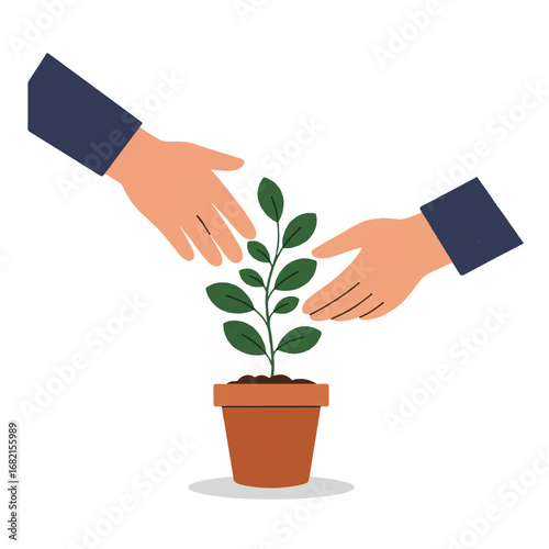 A comforting 2D flat vector illustration shows two hands gently tending a flourishing green potted plant, symbolizing care for nature with minimalist clean lines on a white background.
