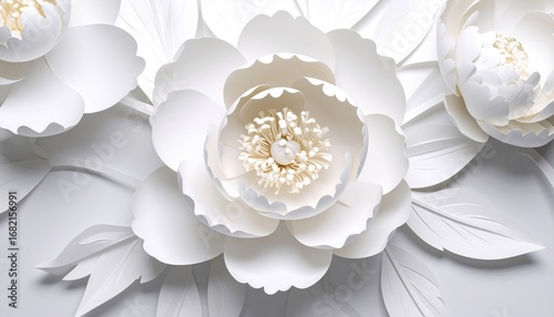 Elegant arrangement of large, crafted white paper flowers with layered petals and textured centers, surrounded by delicate paper leaves on a pale background