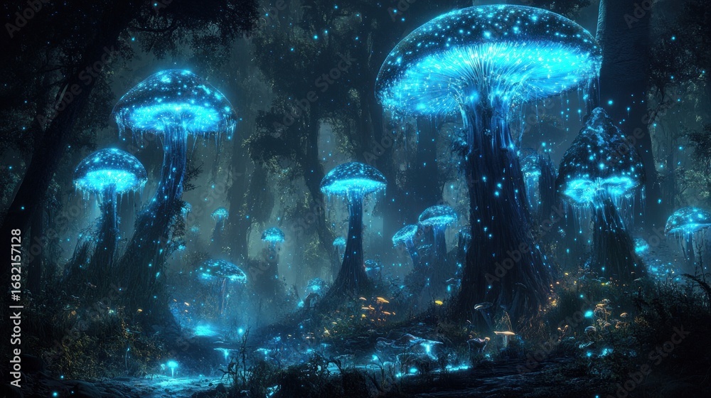 Naklejka premium Glowing mushroom forest at night