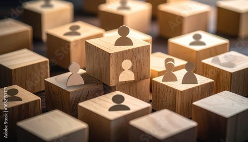 Network of wooden cubes with human figure icons; symbolizing community, connections, and leadership in a business-like setting against a dark backdrop