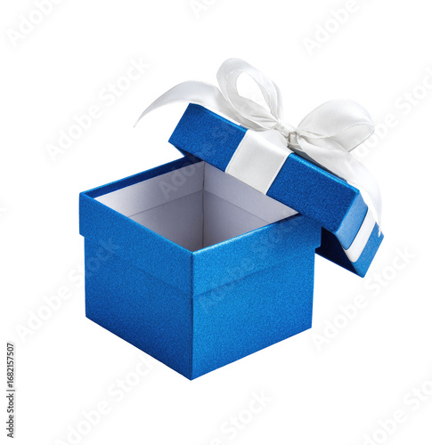 Open, bright blue gift box with white ribbon