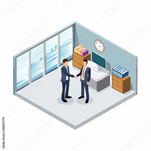 A clean and professional isometric vector illustration of two faceless businessmen shaking hands, This clear depiction symbolizes a business agreement, partnership, deal, merger, or negotiation