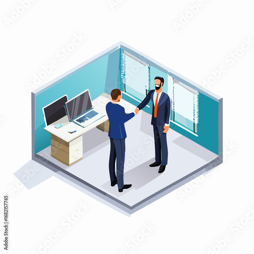 A clean and professional isometric vector illustration of two faceless businessmen shaking hands, This clear depiction symbolizes a business agreement, partnership, deal, merger, or negotiation