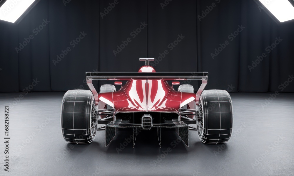 Fototapeta premium Red race car, rear view, wireframe