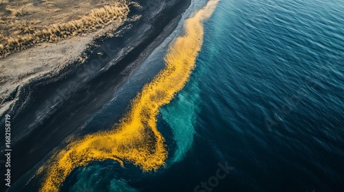 Aerial view of a stark coastal landscape black sand beach, golden algae bloom, and deep blue ocean waters