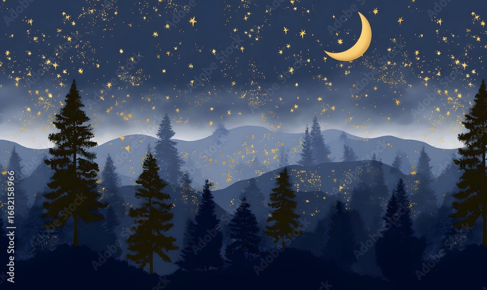 Fototapeta premium Seamless camping forest background, dark navy night sky with glowing stars and crescent moon