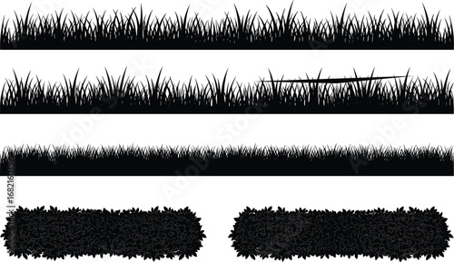 Black silhouette vector illustration of grass borders, hedge bushes, natural plant elements, decorative lawn edges, isolated design on white background
