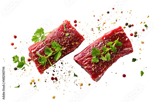 Two raw, seasoned, beef steaks, topped with fresh herbs and scattered with various spices, against a black background