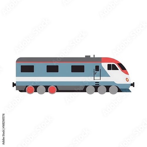 A modern, sleek, blue and red high-speed passenger train with visible wheels and windows, depicted in a side profile against a white background.