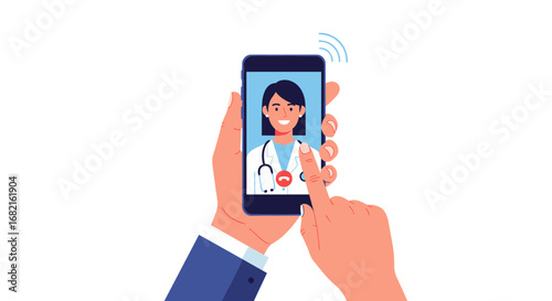 Hands holding smartphone video call with doctor, telemedicine, healthcare, remote consultation