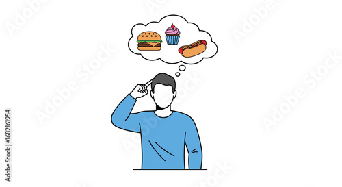 Man dreaming of tasty food like burgers, cupcakes, and hotdogs for lunch or dinner craving now