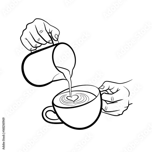 A close-up illustration of a barista's hands expertly pouring steamed milk into a coffee cup, creating a latte art heart shape.