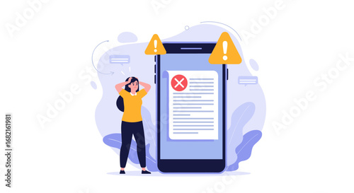 Frustrated woman facing mobile app error with red X and warning signs needs tech support now