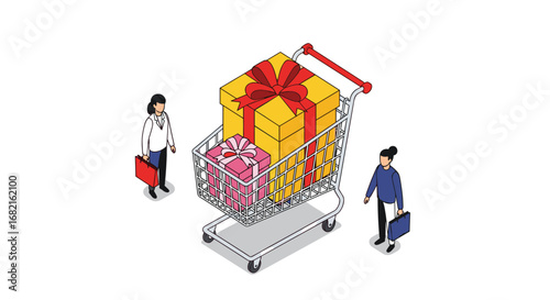 People shopping for gifts with cart full of presents, for holidays and special occasions celebration