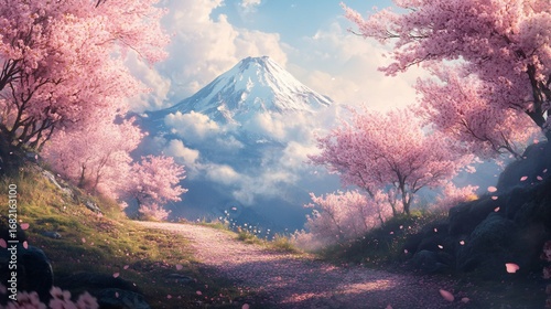 A path winds through blooming cherry blossoms, leading toward a snow-capped mountain peak under a cloudy sky