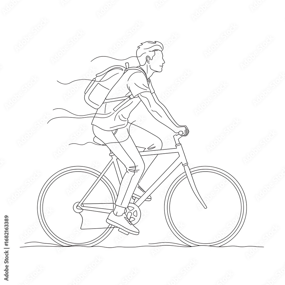 Obraz premium Line Art of a Man Riding a Bicycle with Backpack
