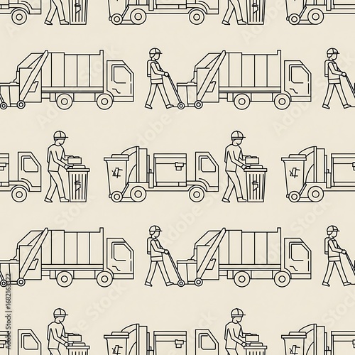 Line Art Recycling and Waste Collection Scene Pattern