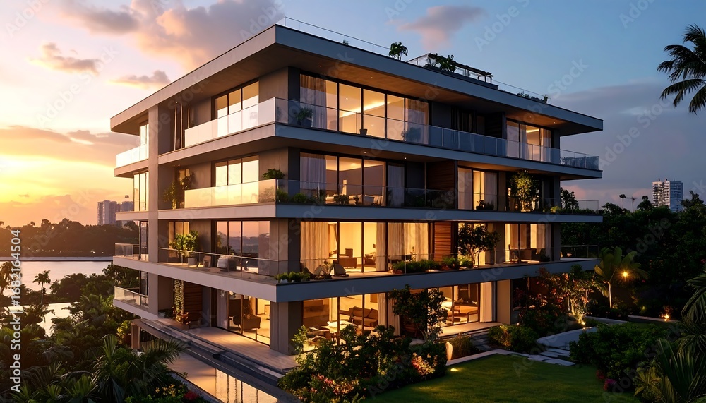 Obraz premium Modern apartment building at sunset overlooking water
