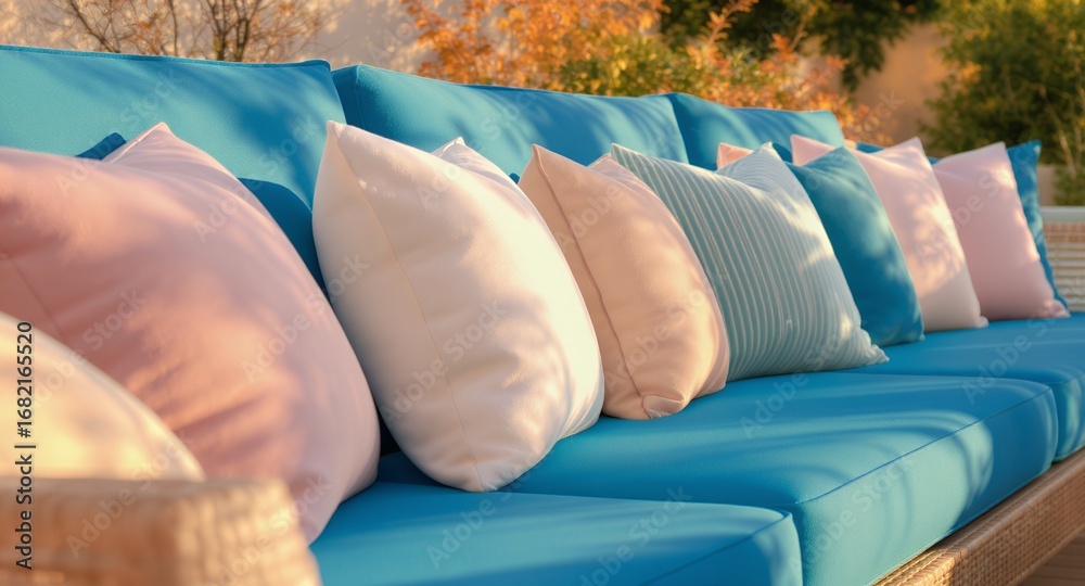 Obraz premium Outdoor furniture cushions, teal sofa, pastel pillows, summer relaxation, home decor, garden furniture, patio design, comfort, cozy, home textiles, 