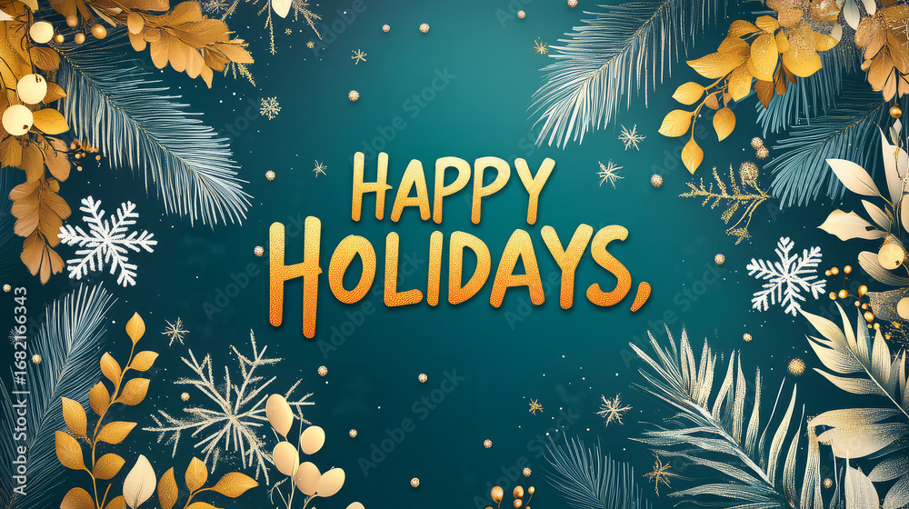Obraz premium Happy holidays text with snowflakes and golden foliage on a teal colored background design art