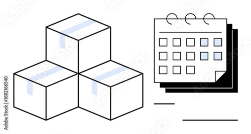 Stacked boxes beside a calendar reflect planning, supply chain, logistics, e-commerce, inventory, time management, and business strategy. Ideal for operations, shipping or simple flat metaphor